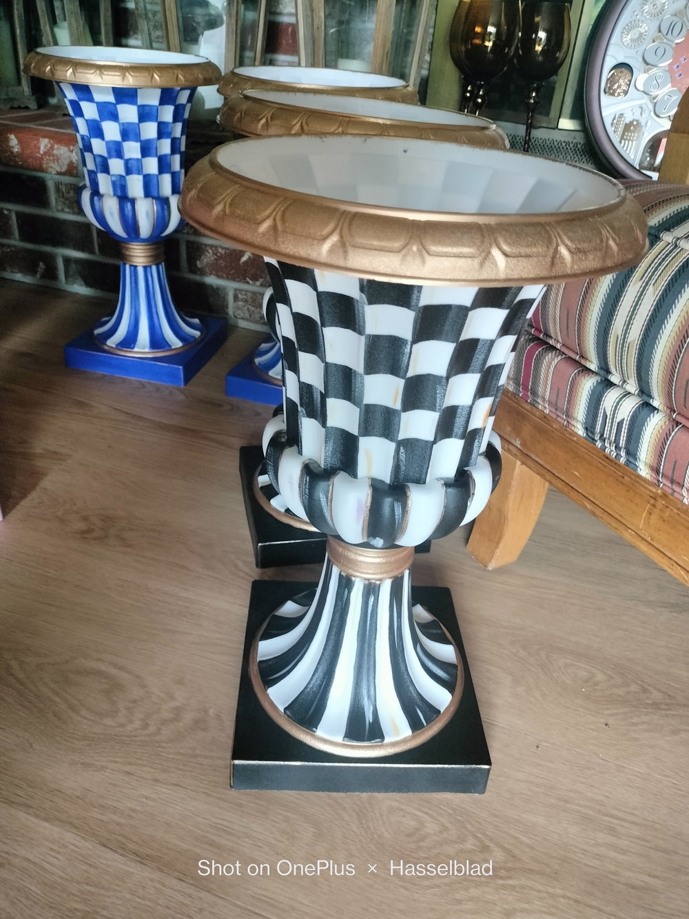 Pair (2) Of Checkered Multi-Color Urn Planters 20 X 12" Hand Painted By Me - Picture 2 of 4